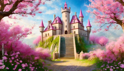 a beautiful fairytale inspired castle illustration with pink trees in front ai generated image