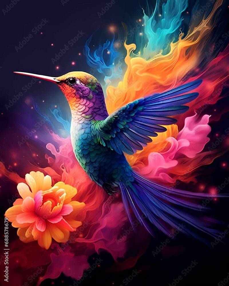 Obraz premium AI generated illustration of a hummingbird in flight with a colorful background