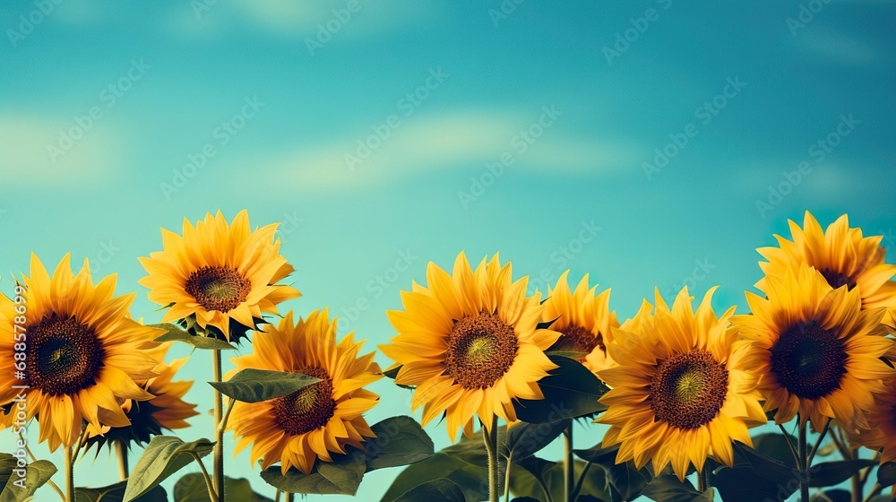 AI generated illustration of sunflowers in a field against a vibrant blue sky
