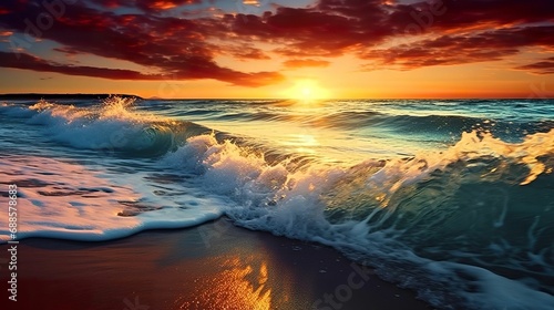 AI generated illustration of a sunset over the ocean with waves crashing onto the shore