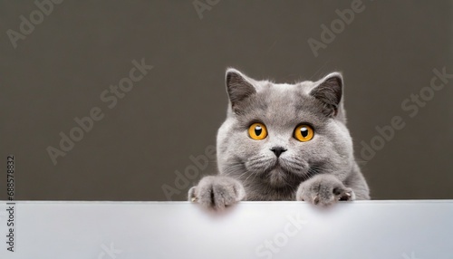 beautiful funny grey british cat peeking out from behind a white table with copy space