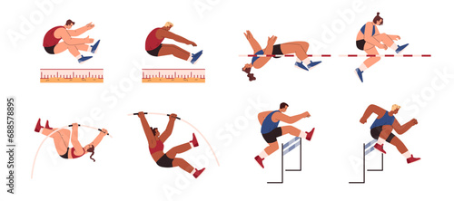 Fototapeta Naklejka Na Ścianę i Meble -  Light athletics vector isolated set, cartoon sports men and women participate in high long jump, steeplechase pole vault