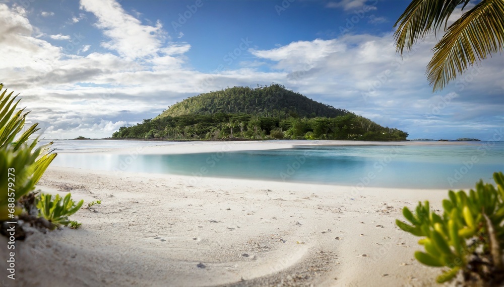 sandy tropical beach with island on background