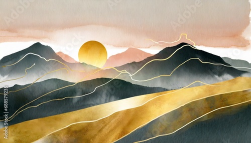 fundo abstrato da paisagem da natureza papel de parede em design de estilo minimalista com colinas de montanha por do sol nascer do sol aquarela linhas de ouro para impressoes interiores arte photo