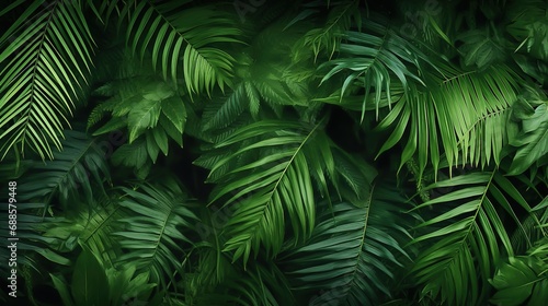 Fern Green leaves background. Green tropical fern leaves, monstera leaves, palm leaves, coconut leaf, fern, palm leaf, banana leaf. Panoramic jungle background.  © Boraryn