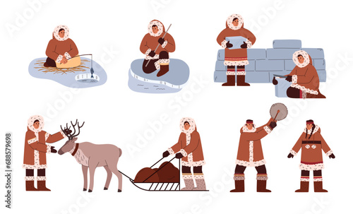 Culture and life at the north pole vector set, people in traditional Eskimos clothing, igloo, fishing, reindeer sleigh © Kudryavtsev