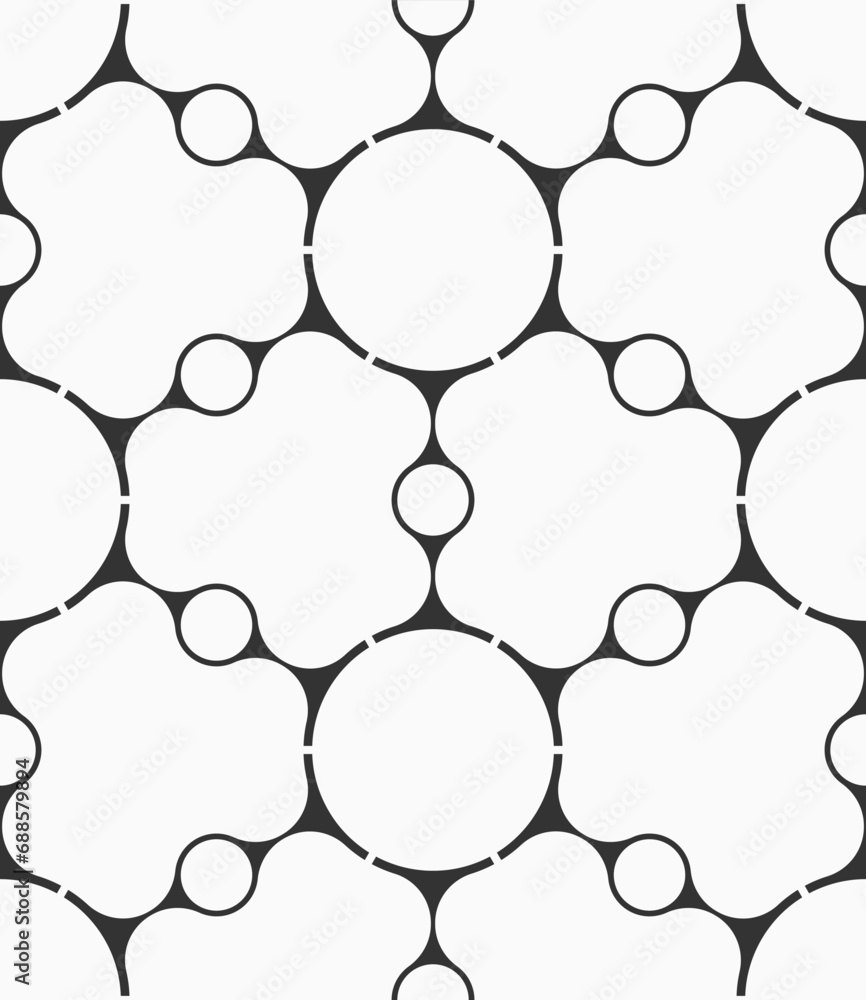 Vector geometrical seamless vector pattern with circles connected to each other. Repeating smooth shapes pattern. Black and white vector background. Vector illustration. Vector geometrical seamless vector pattern with circles connected to each other. Repeating smooth shapes pattern. Black and white vector background. Vector illustration.