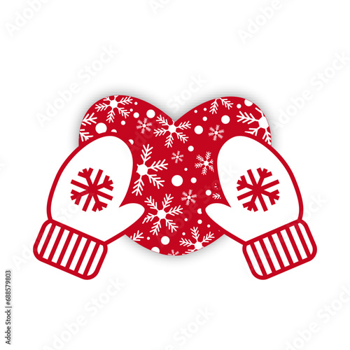 icon winter mittens and heart with snowflakes