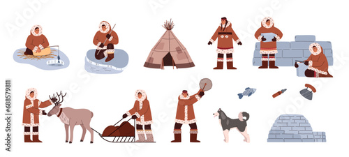 Characters of Arctic Eskimos people flat vector illustration isolated. photo