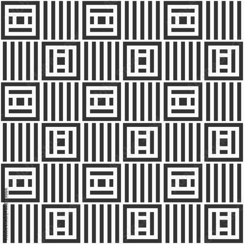 Vector seamless squares pattern with stripes. Regularly repeating square tiles and stripes. Geometric lattice. Simple monochrome graphic print. Vector background.
