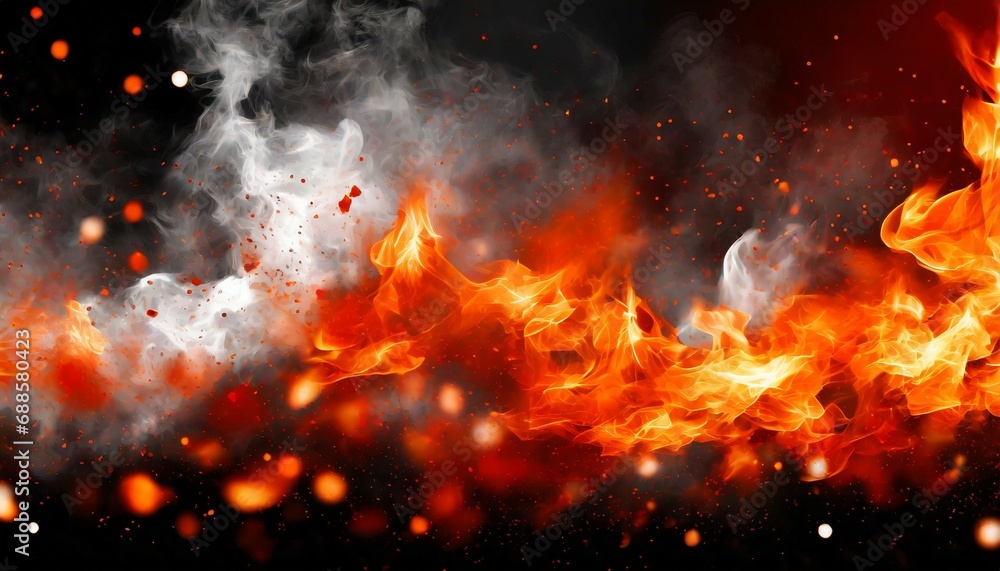 fire fiery background red flames sparks and waving white smoke on a black background