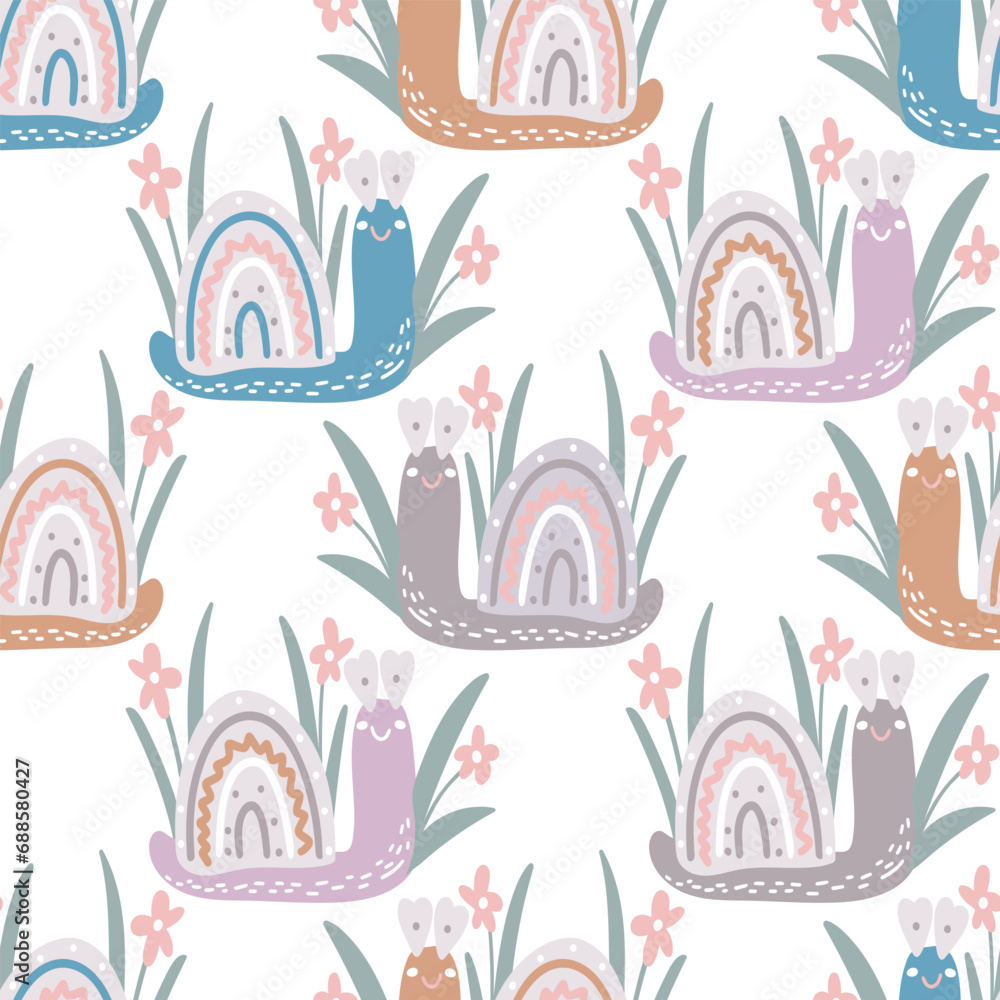 Cute snail hand drawn children seamless pattern. Funny slugs with flowers and herbs background. Print childish character for textile, wallpaper, clothing and design, vector illustration
