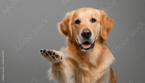 golden retriever dog doing give paw trick on gray background