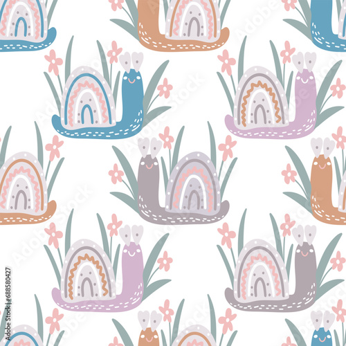 Cute snail hand drawn children seamless pattern. Funny slugs with flowers and herbs background. Print childish character for textile, wallpaper, clothing and design, vector illustration
