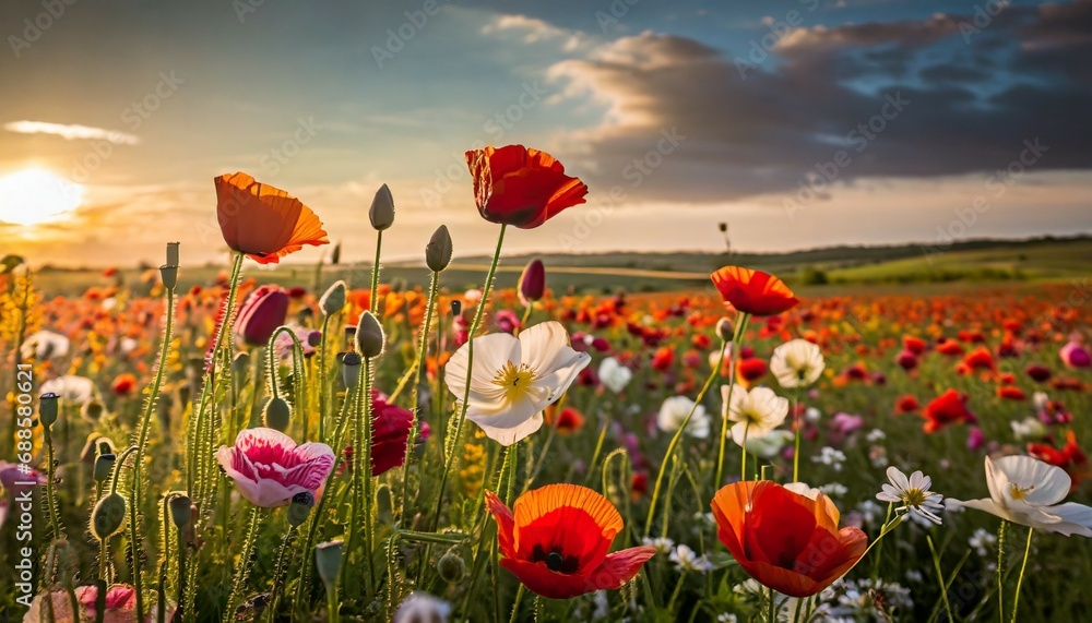 amazing poppy field summer flowers - obrazy, fototapety, plakaty 