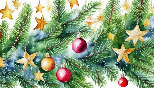 watercolor christmas tree branches decorated with baubles and stars on white background