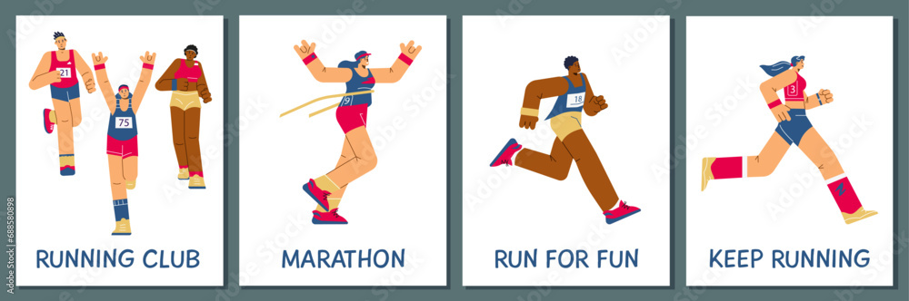 Fototapeta premium Set of posters or vertical banners about marathon runners flat style