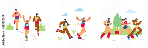 Set of people running marathon scenes flat style, vector illustration