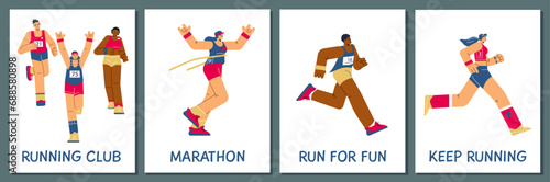 Set of posters or vertical banners about marathon runners flat style