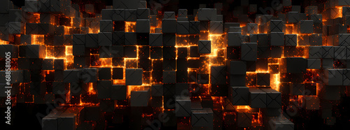 black and orange bricks burnt on black background with fire, in the style of futuristic digital art, light gray and dark gold, cubo-futurism, greeble, shaped canvas, light-filled, light sculptures