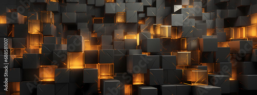 the texture of the bricks is dark and orange  in the style of cubo-futurism  luminous 3d objects  dark gray and gold  shaped canvas  vivid energy explosions  abstraction-cr  ation  spectacular backdrop