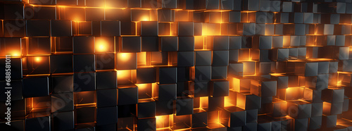an abstract background made of many geometric blocks that are burning, in the style of dark gold, shaped canvas, luminous 3d objects, dark gray and orange, selective focus, abstraction-création, explo