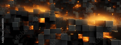 some black and orange bricks are in the air, in the style of luminous 3d objects, dark gold, cubo-futurism, smokey background, textured canvas, greeble, light-filled