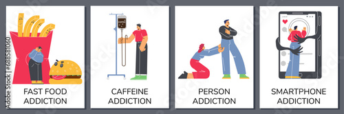 Set of posters or vertical banners about different addictions flat style