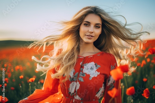 Beautiful woman in rustic dress walking at poppy flowers field 