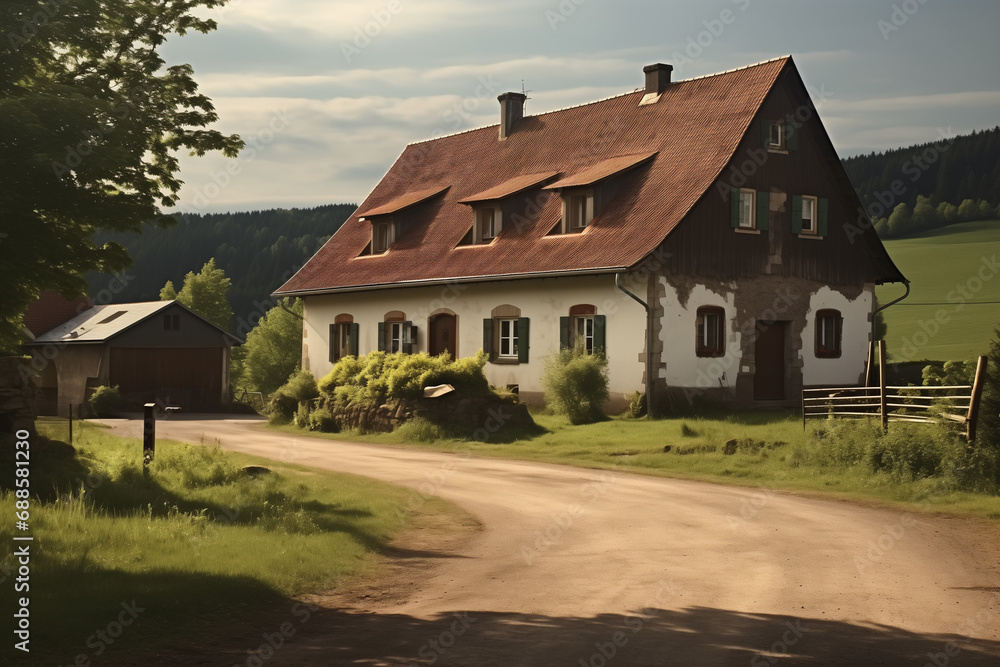 Ferme vosgienne traditionnelle dans un paysage campagnard, Paysage de l'Alsace et de l'Est de la France Ferme vosgienne traditionnelle dans un paysage campagnard, Paysage de l'Alsace et de l'Est de la France