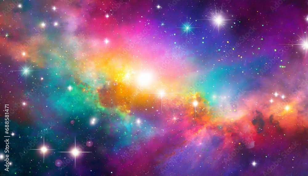 colorful rainbow cosmic universe with stunning galaxy stardust nebula and shining stars in space background digital art ai illustration for artwork party flyers posters banners brochures