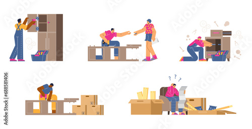 Professional furniture assembly service vector illustrations set, home furniture construction, cartoon male repairman