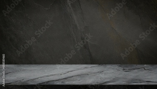 empty grey marble tabletop with dark black cement stone background for product displayed in rustic mood and tone luxury background for product stand with empty copy space for party promotion