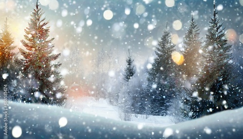 frosty winter landscape in snowy forest christmas background with fir trees and blurred background of winter © Faith