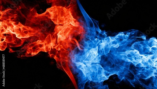 red and blue fire on black background on 2 sides collapse fire and ice concept design red and blue smoke fiery contradiction force background photo