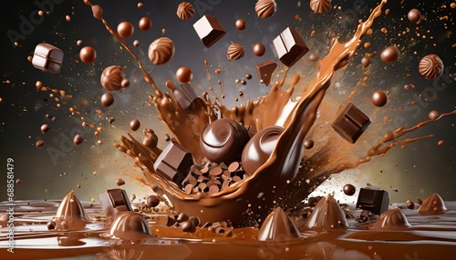 liquid chocolate and bonbons burst explosion splash in the air on background photo