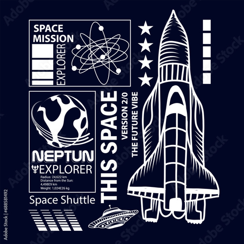 Hand drawnTypography space print with  space rockets, planets, stars. Space background