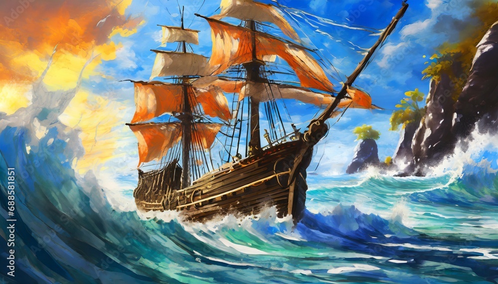 Obraz premium art illustration of big ancient pirate ship sailing on rough sea generative ai