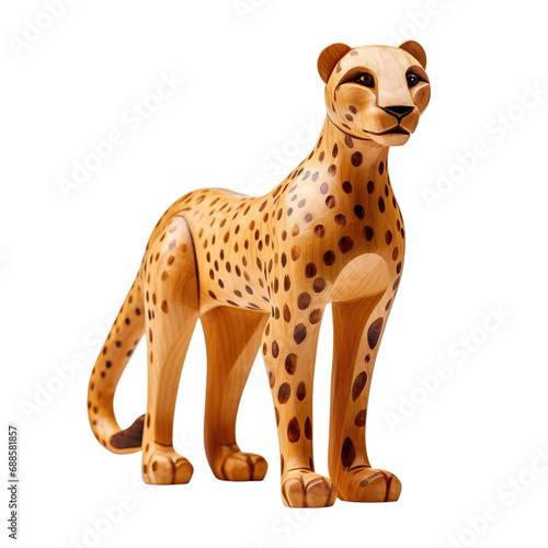 Handmade wooden toy Cheetah isolated on transparent background.