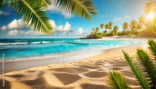 summer sandy beach with blur ocean on background