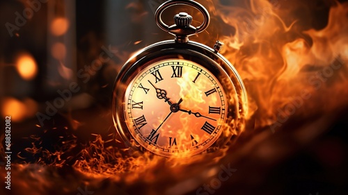 close up horizontal view of a vintage clock burning on fire AI generated
