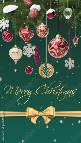 Merry Christmas greeting, vertical version, green background (ID: 688582201)