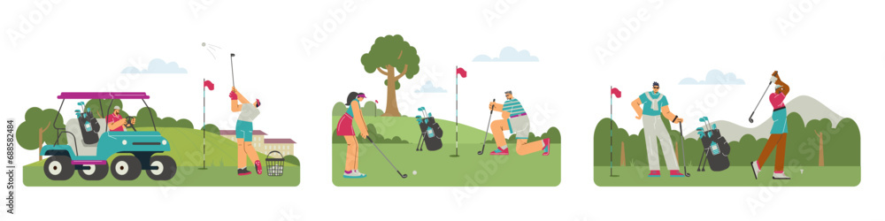 People playing golf, set of scenes in flat style, vector illustration on white background.