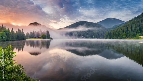 misty morning scene of lacu rosu lake foggy summer sunrise in harghita county romania europe beauty of nature concept background © Faith