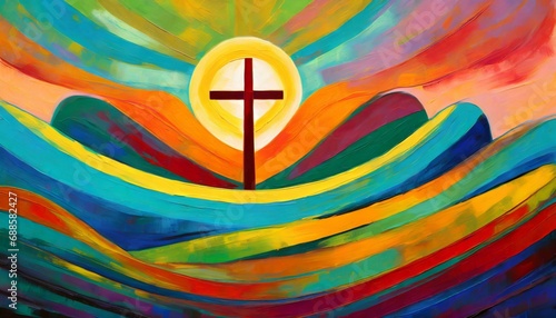 colorful painting art of an abstract curvy background with cross christian illustration