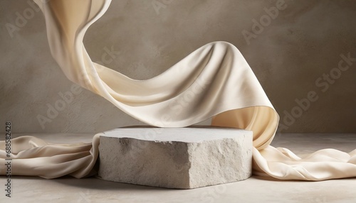 stone podium and satin fabric floating on beige concrete background luxury product placement mockup with flying silk cloth premium fashion and beauty stage platform template