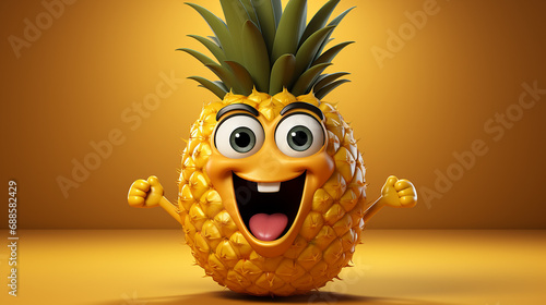Pineapple isolated on a yellow background, happy pineapple emoji cartoon image