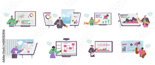 People presenting, explaining screen statistics charts diagrams, business mentor coach, teacher vector illustrations set
