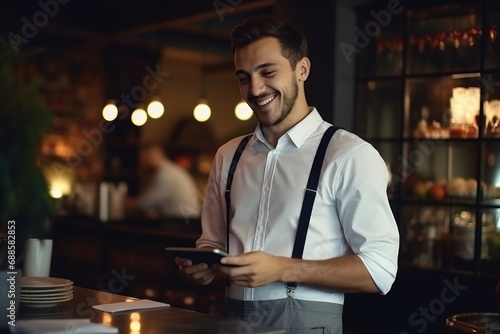 A happy restaurant receptionist uses a tablet gadget, a uniformed waiter smiles