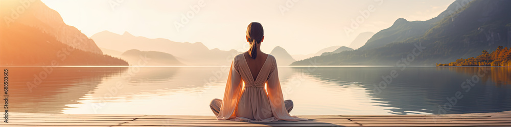 Young woman from rear side meditating by the lake in summer sunnset. Practicing mindfulness and meditation in a peaceful nature.